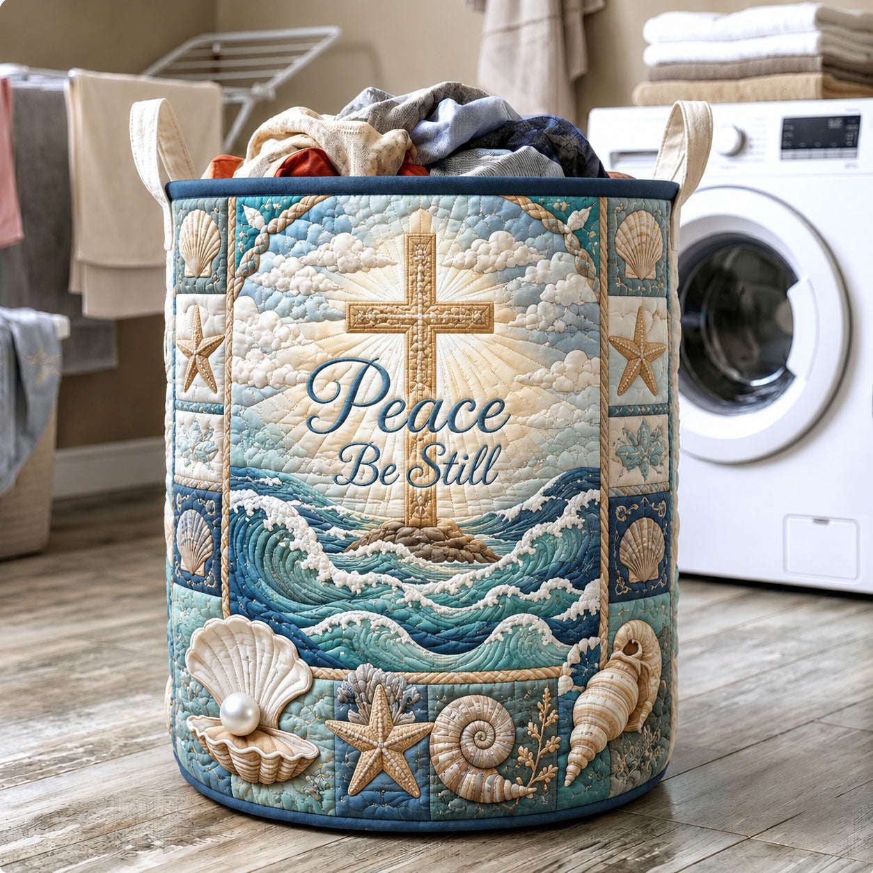 Peace Be Still Coastal Christian Quilted Laundry Basket GFTOHNL575
