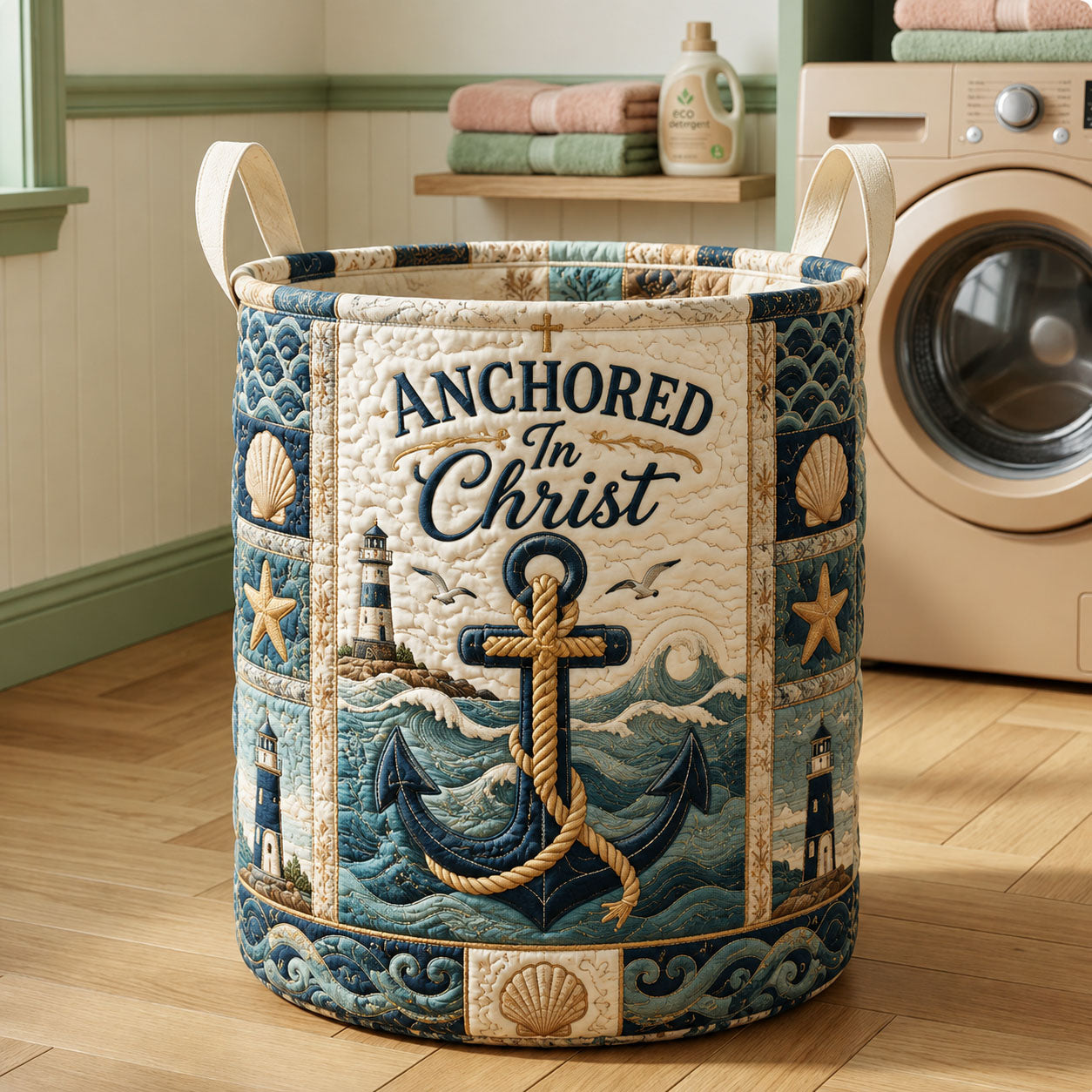 Anchored In Christ Nautical Faith Quilted Laundry Basket GFTOHNL576