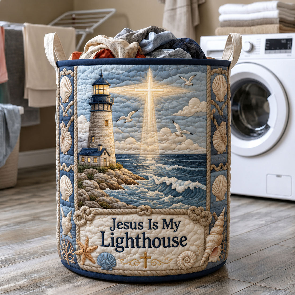Jesus Is My Lighthouse Coastal Christian Quilted Laundry Basket GFTOHNL577
