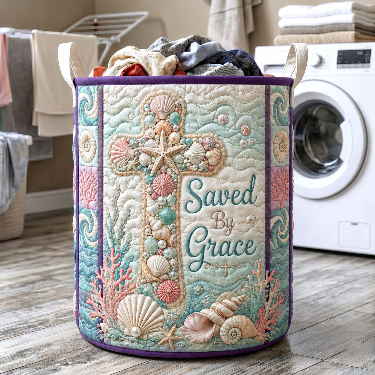 Saved By Grace Seashell Cross Quilted Laundry Basket GFTOHNL580