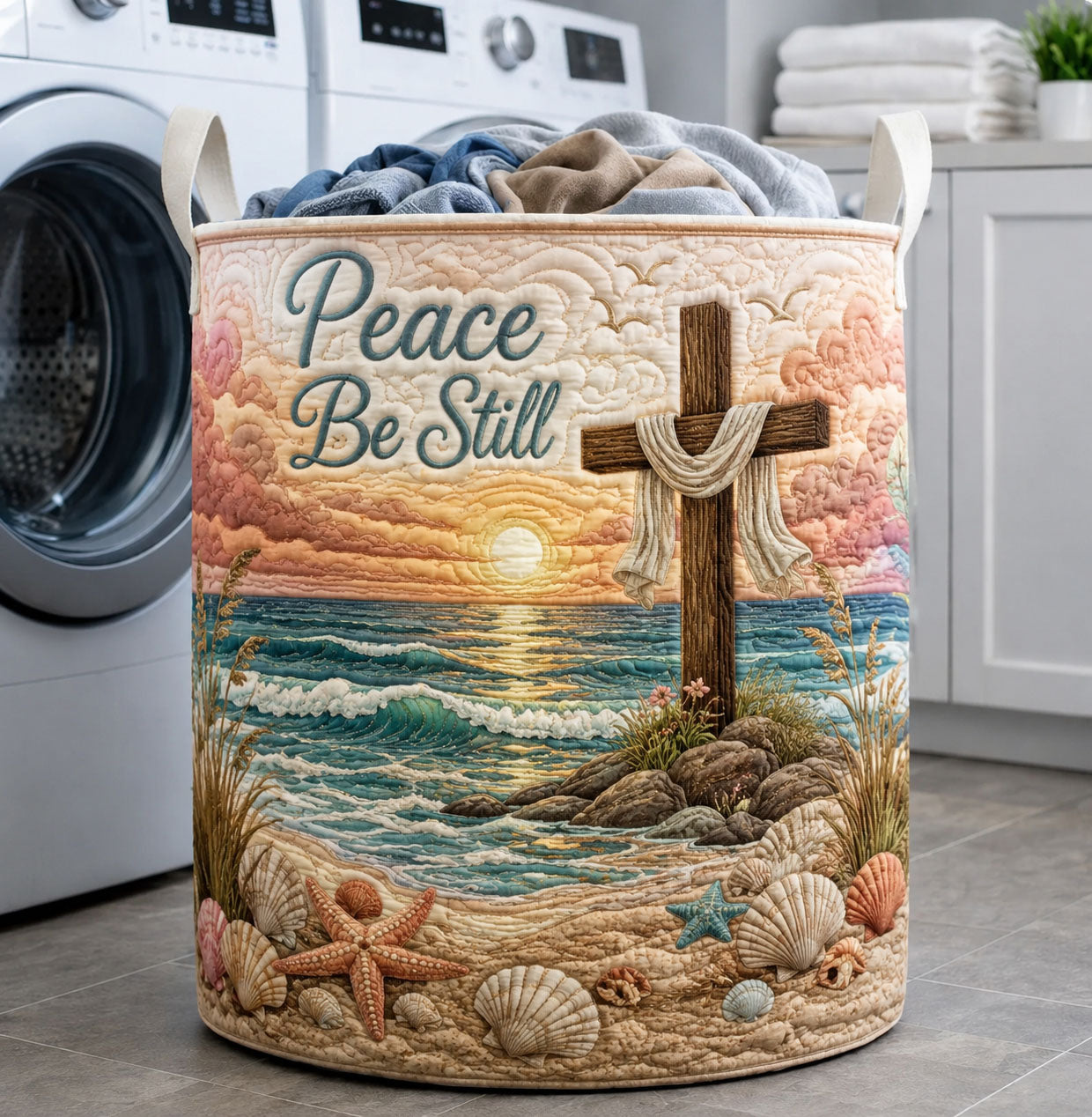 Peace Be Still Sunset Cross Quilted Laundry Basket GFTOHNL583