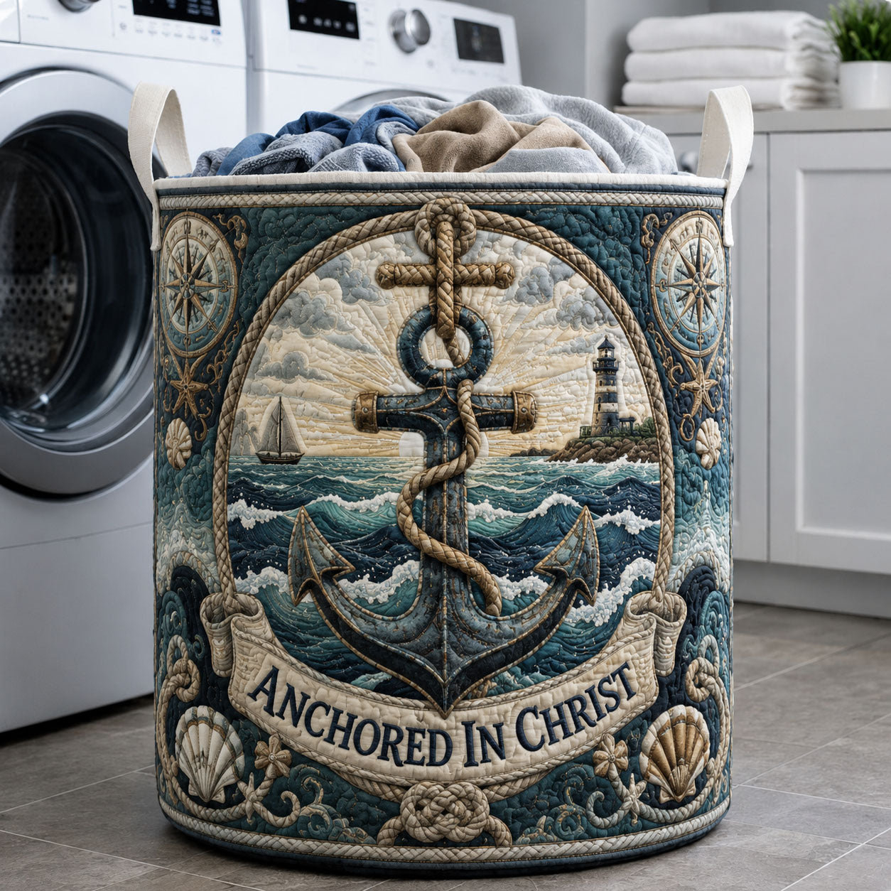 Anchored In Christ Nautical Quilted Laundry Basket GFTOHNL584