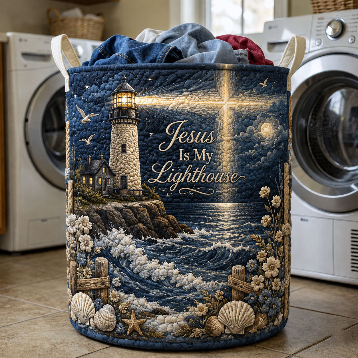 Jesus Is My Lighthouse Quilted Laundry Basket GFTOHNL585