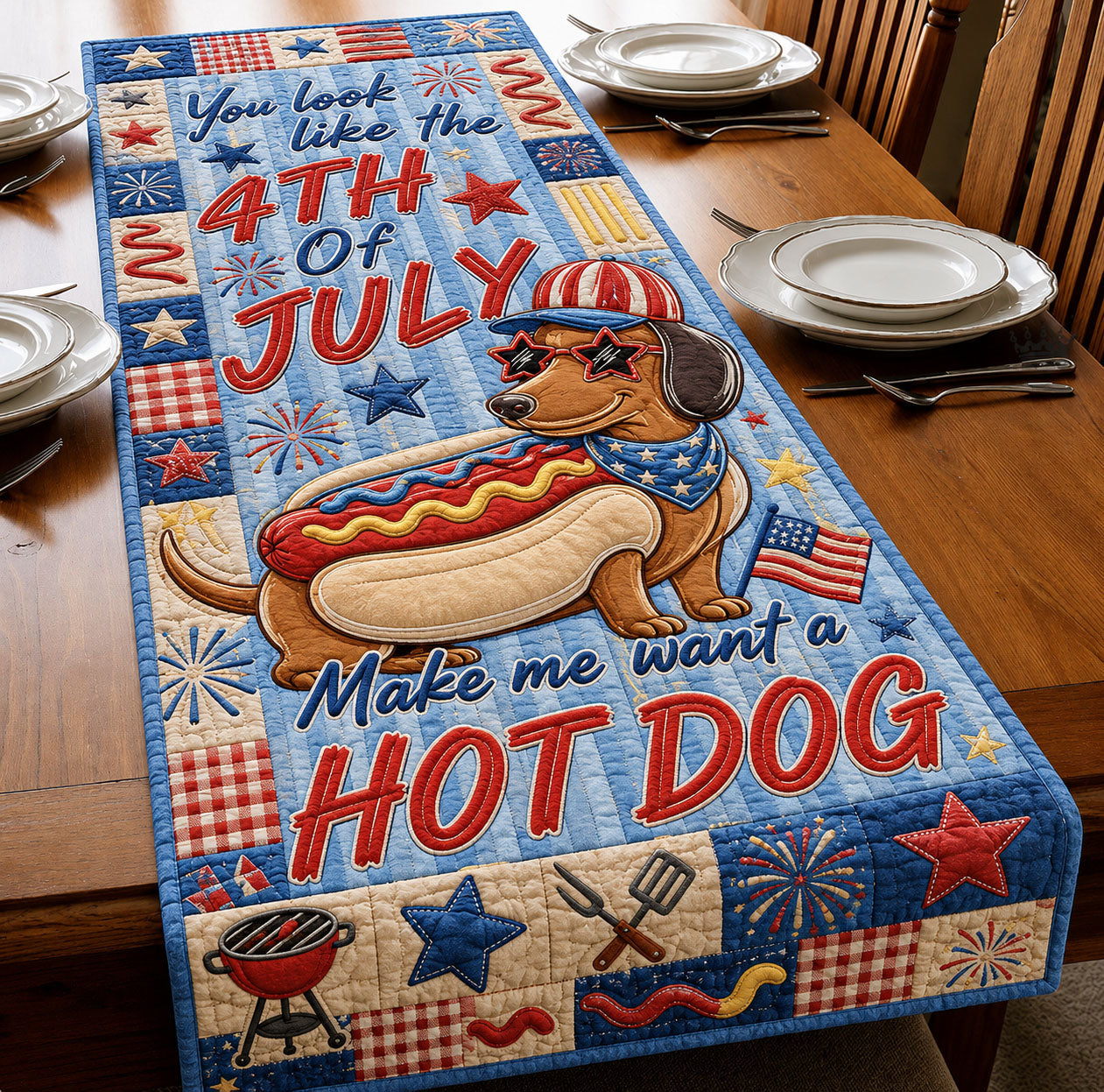 4th Of July Dachshund Hot Dog Quilted Table Runner GFTOHNL620
