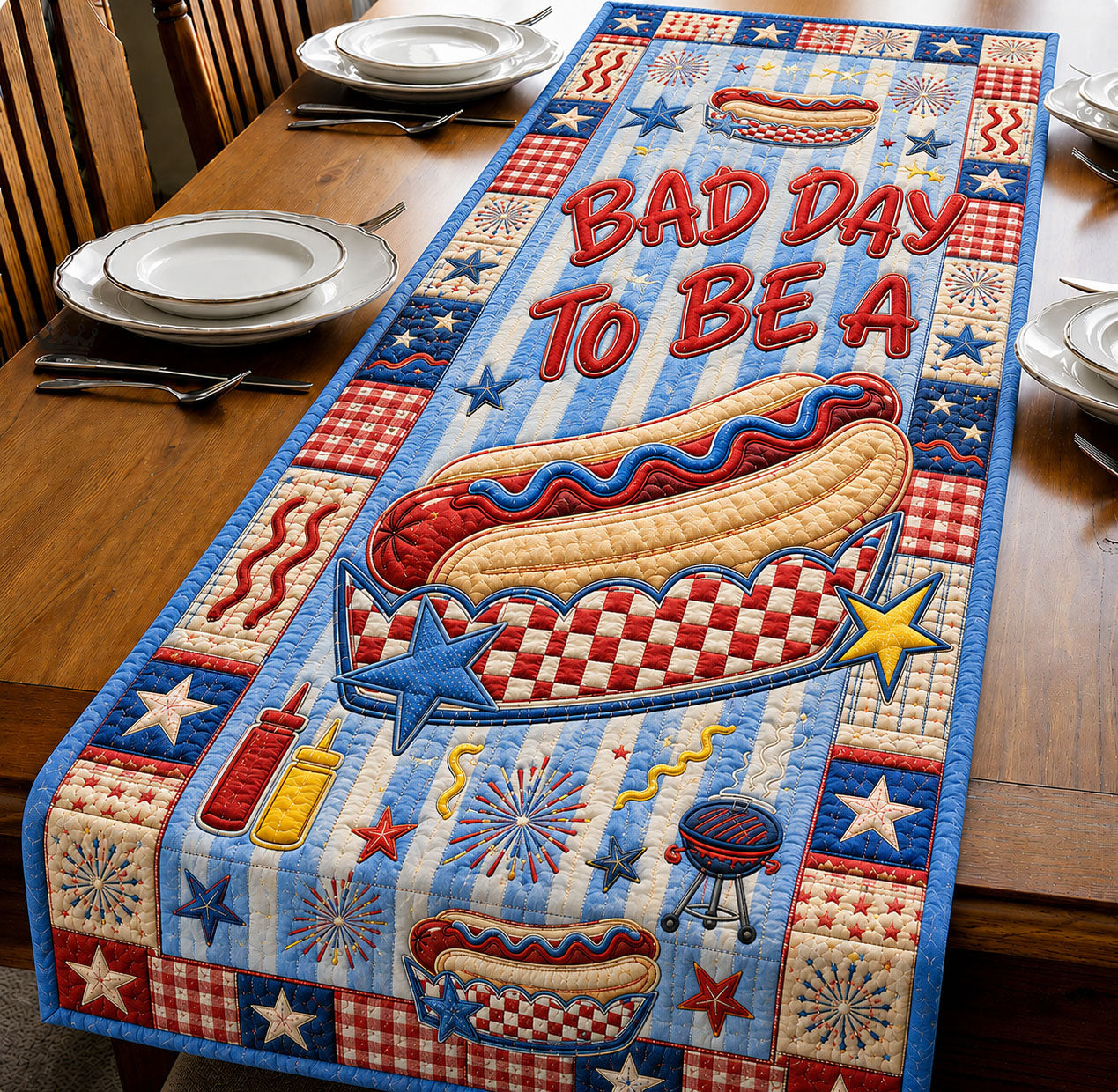 Bad Day To Be A Hot Dog Patriotic Quilted Table Runner GFTOHNL621