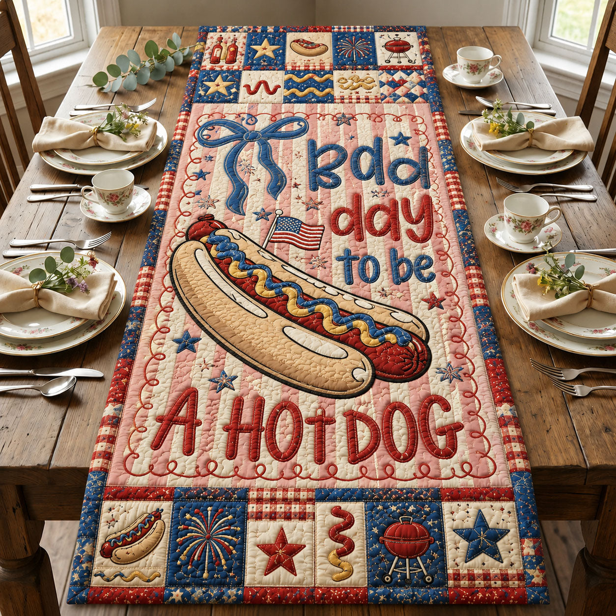 Red White And BBQ Hot Dog Quilted Table Runner GFTOHNL622