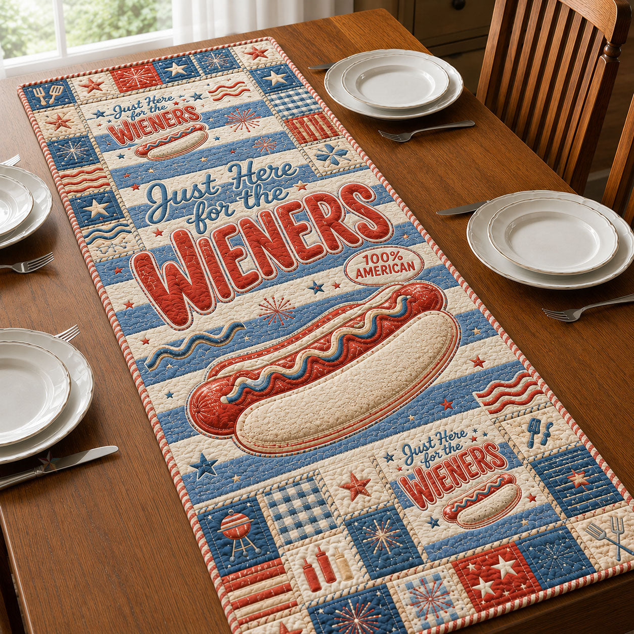 Just Here For The Wieners Patriotic Quilted Table Runner GFTOHNL623