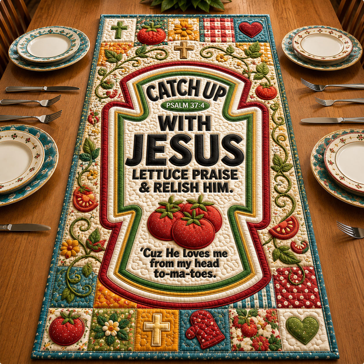 Catch Up With Jesus Lettuce Praise And Relish Him Quilted Table Runner GFTOHNL760