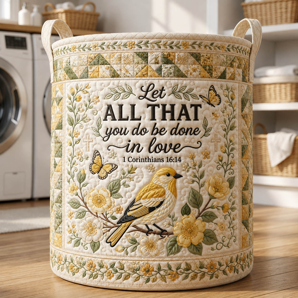 Faith Yellow Songbird Quilted Laundry Basket GFTOLAN420