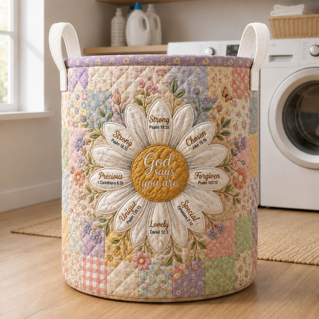 God Says You Are Daisy Quilted Laundry Basket GFTOLAN431