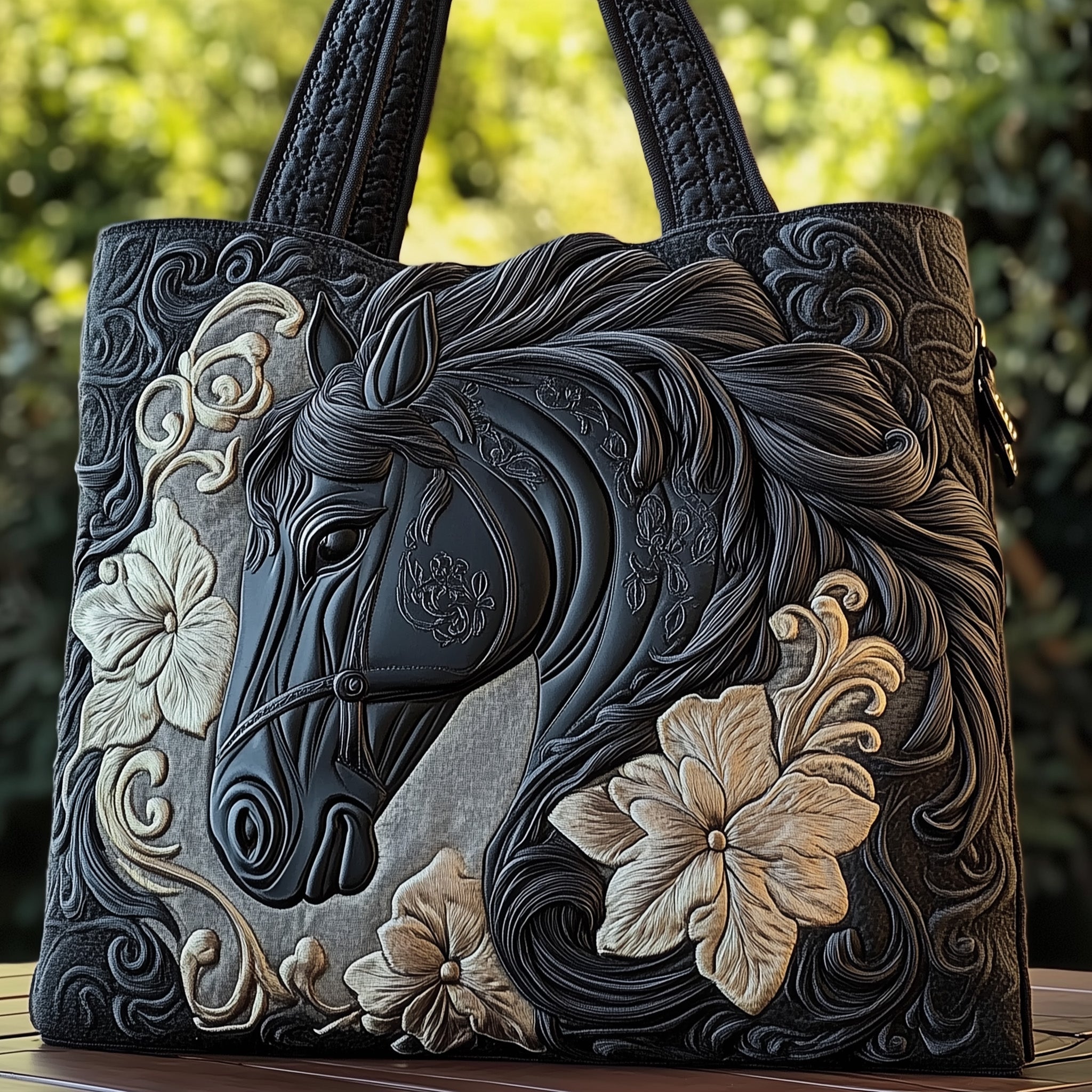 Mystic Black Horse Quilted Tote Bag GFTOMA1458