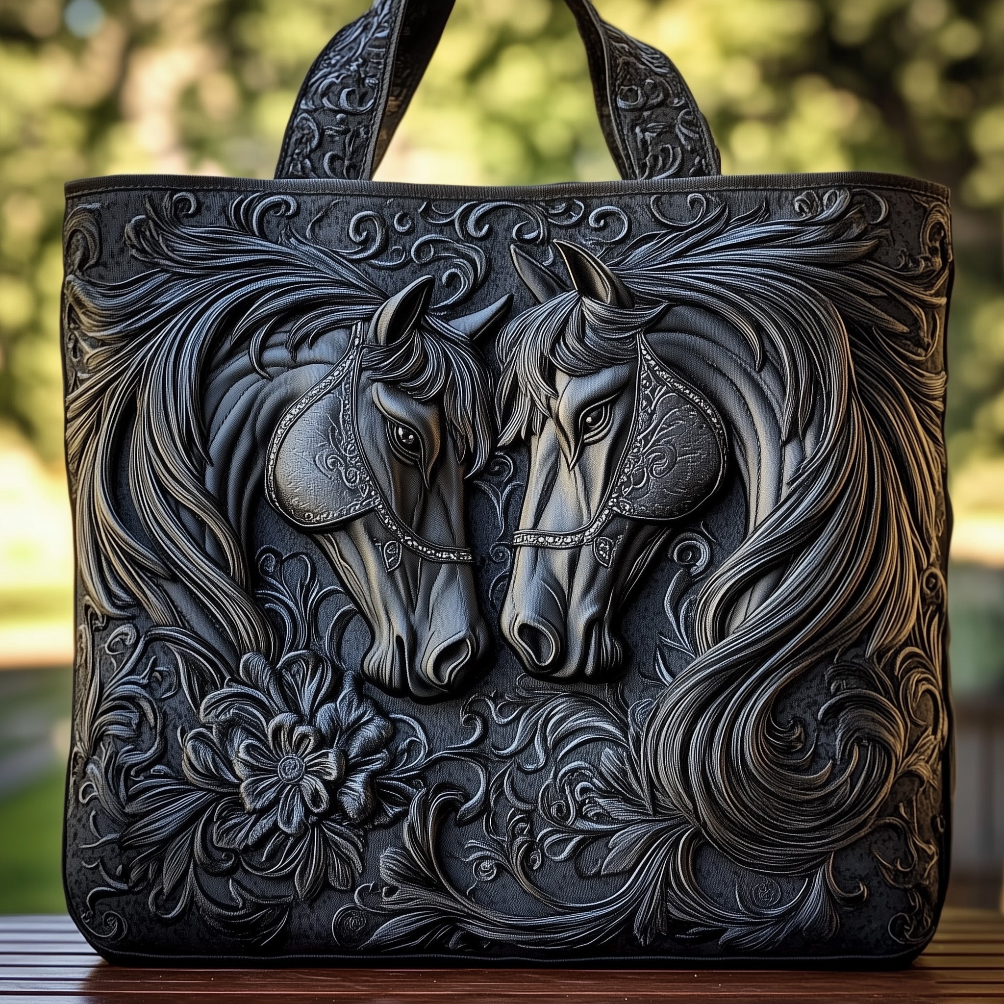Mystic Black Horse Quilted Tote Bag GFTOMA1459