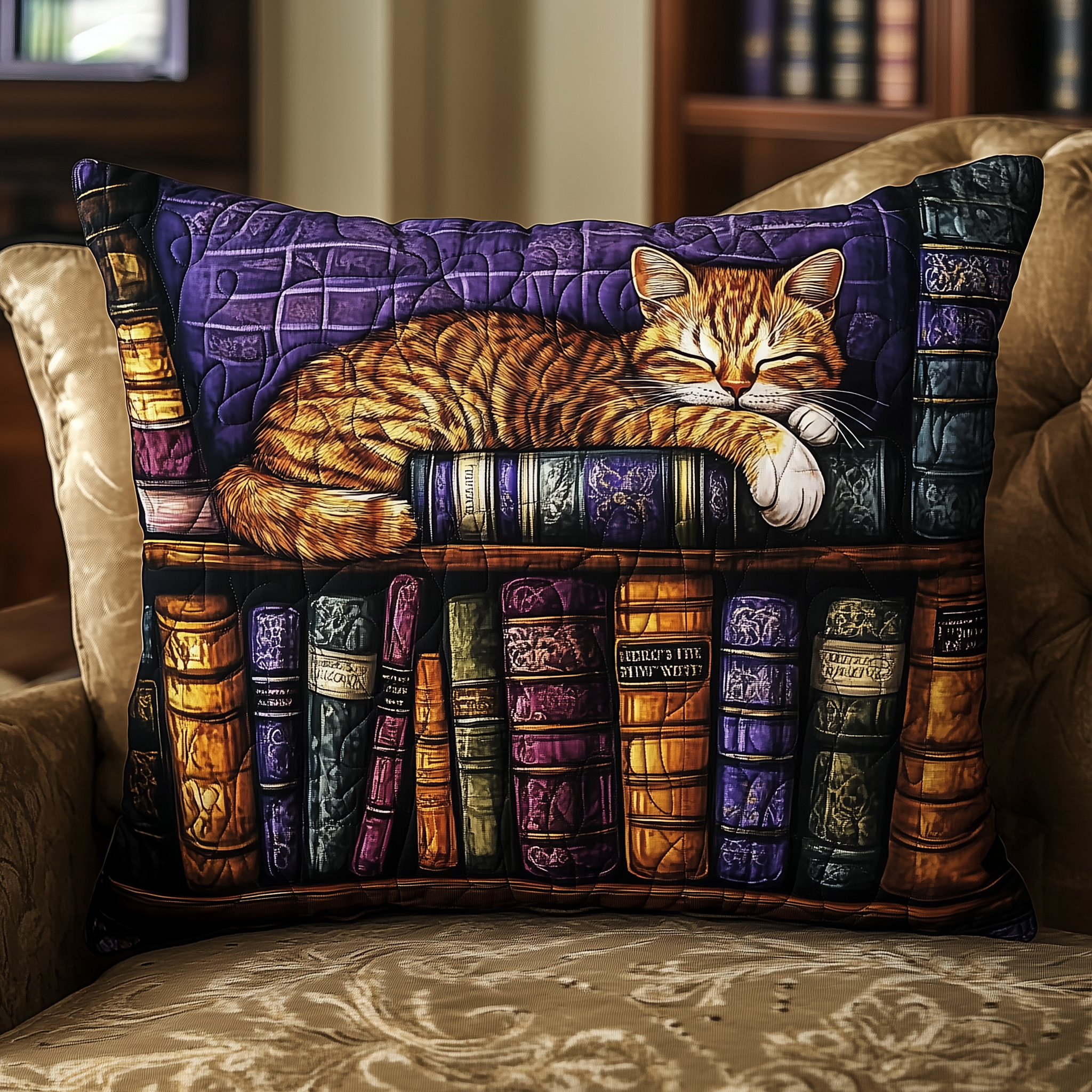 Vintage Bookshelf Cat Quilted Pillow Case GFTONL387