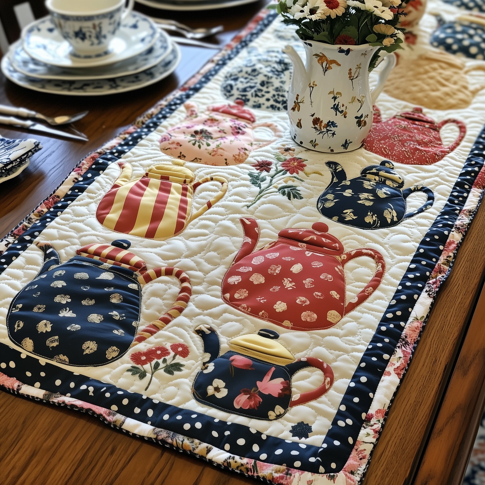 Bloomy Teapot Quilted Table Runner GFTONL4209