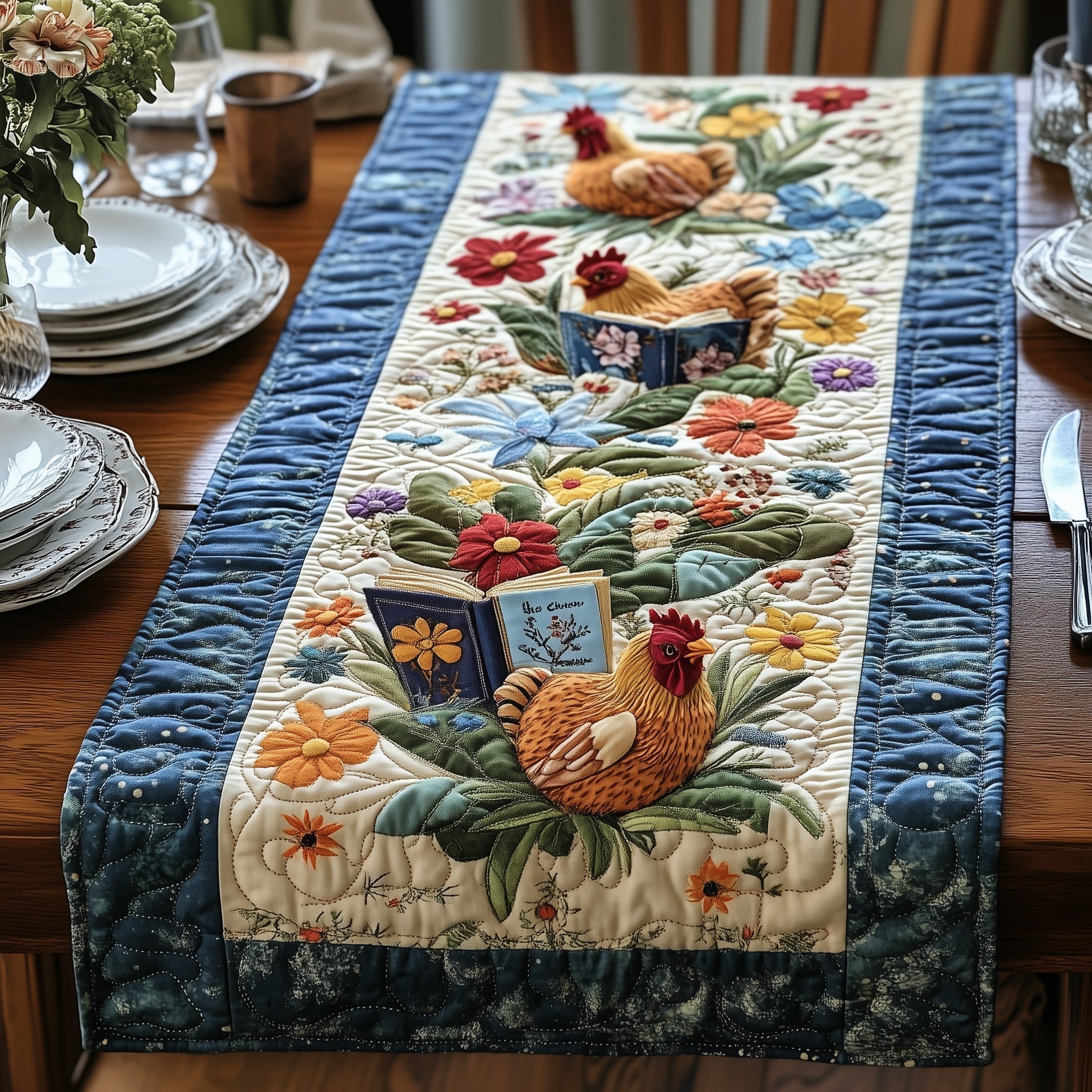 Book and Chicken Quilted Table Runner GFTONL4325