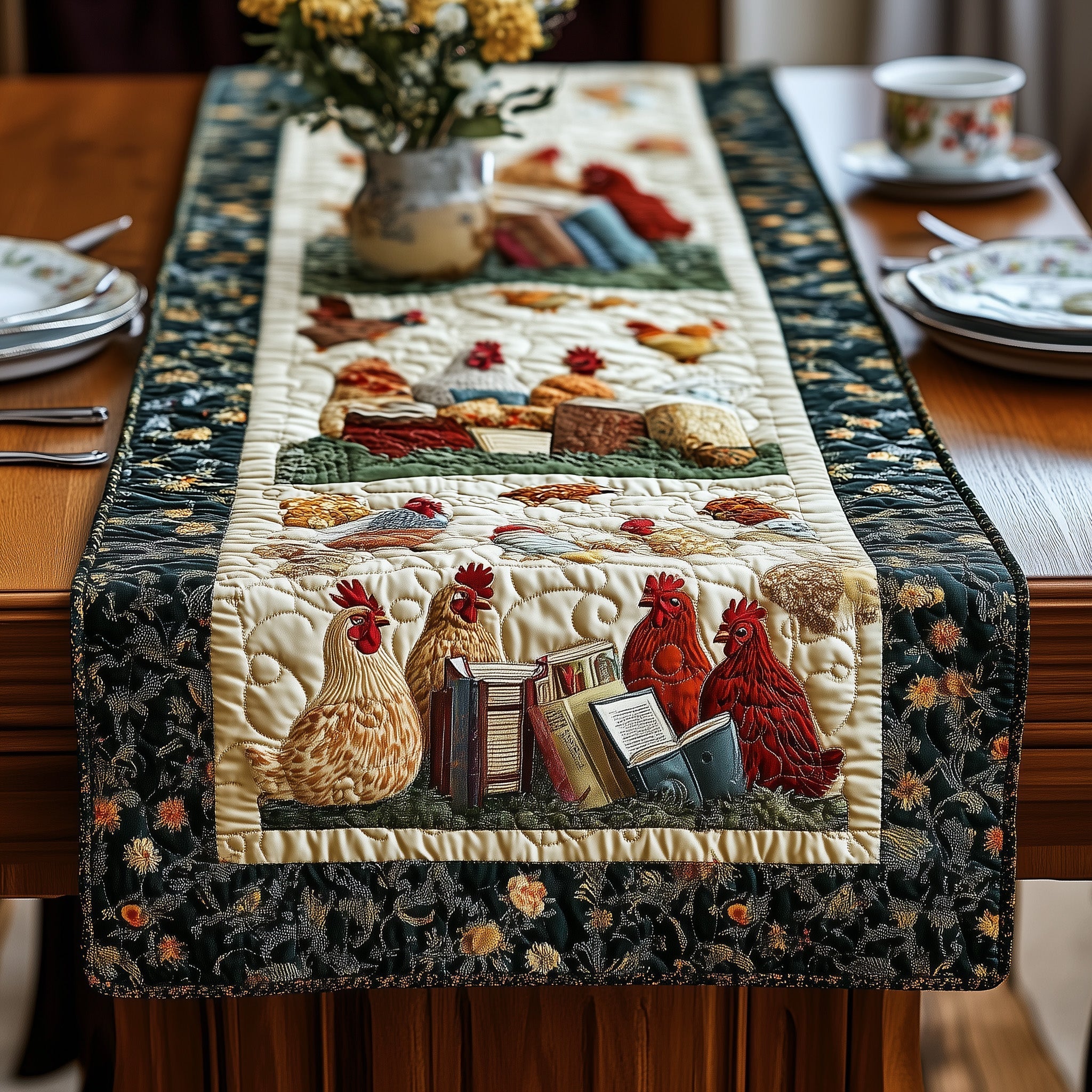 Book and Chicken Quilted Table Runner GFTONL4326