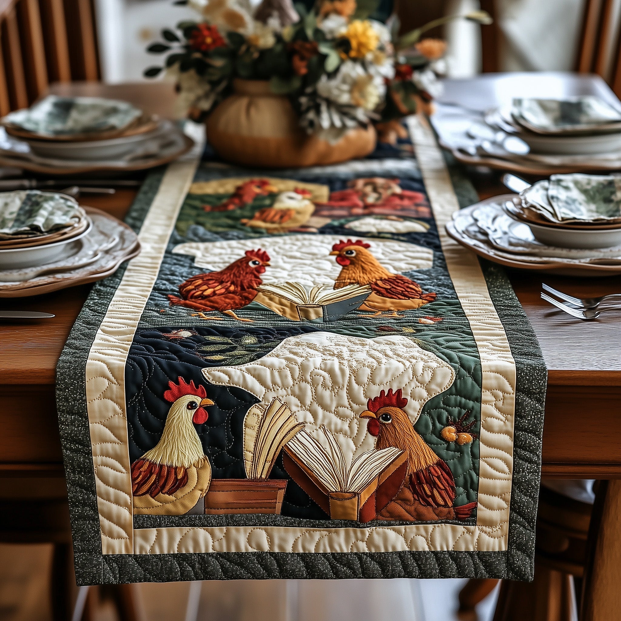 Book and Chicken Quilted Table Runner GFTONL4328