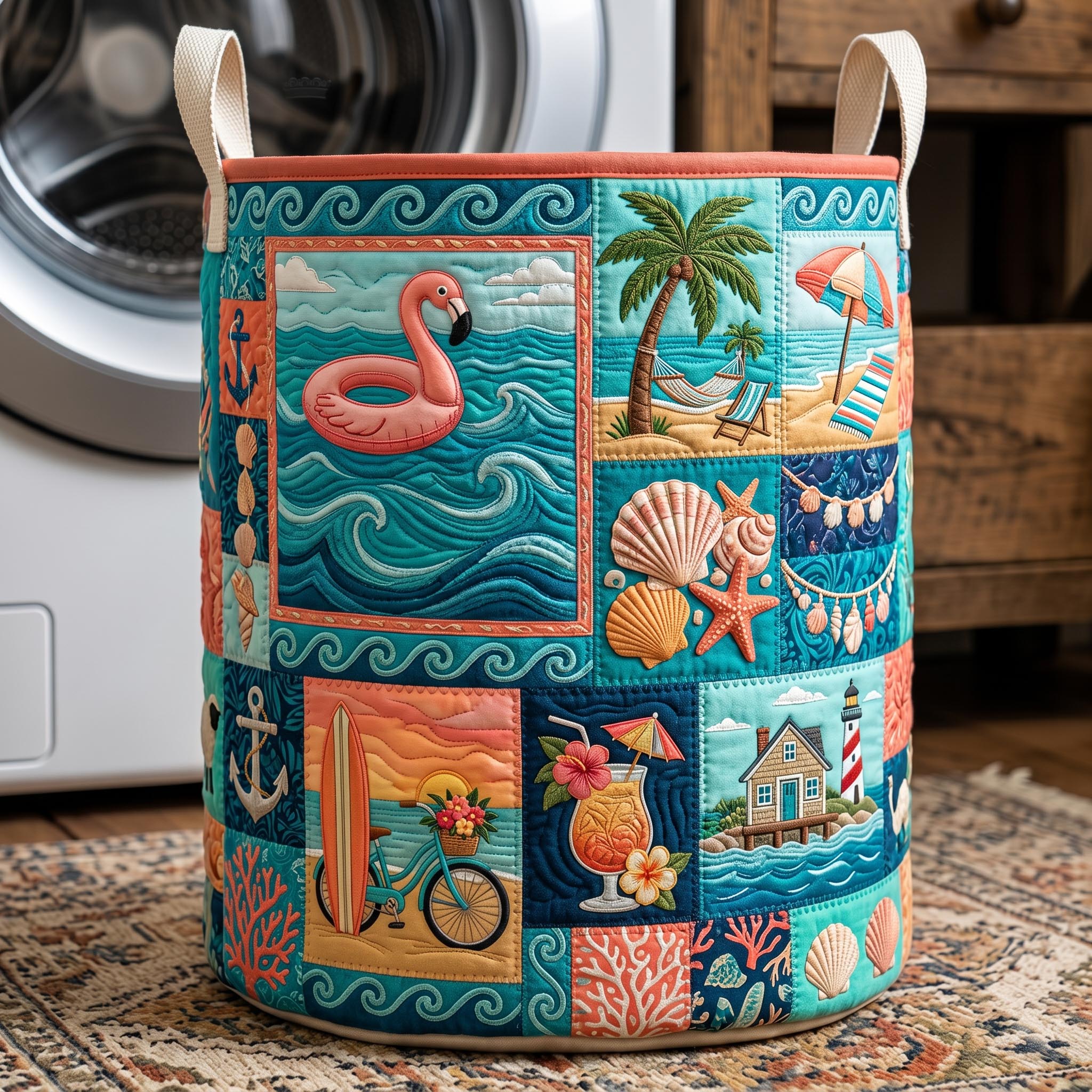 Coastal Life Quilted Laundry Basket GFTONMU622