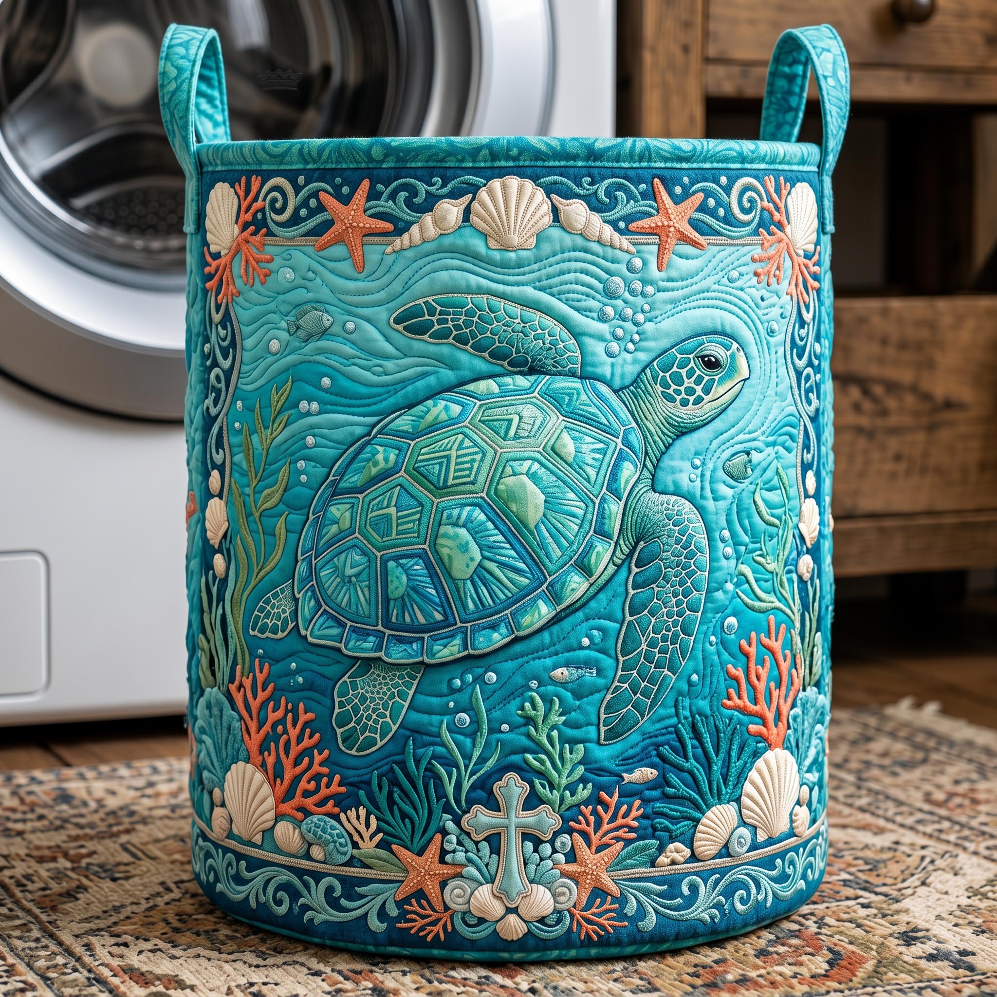 Coastal Life Quilted Laundry Basket GFTONMU623