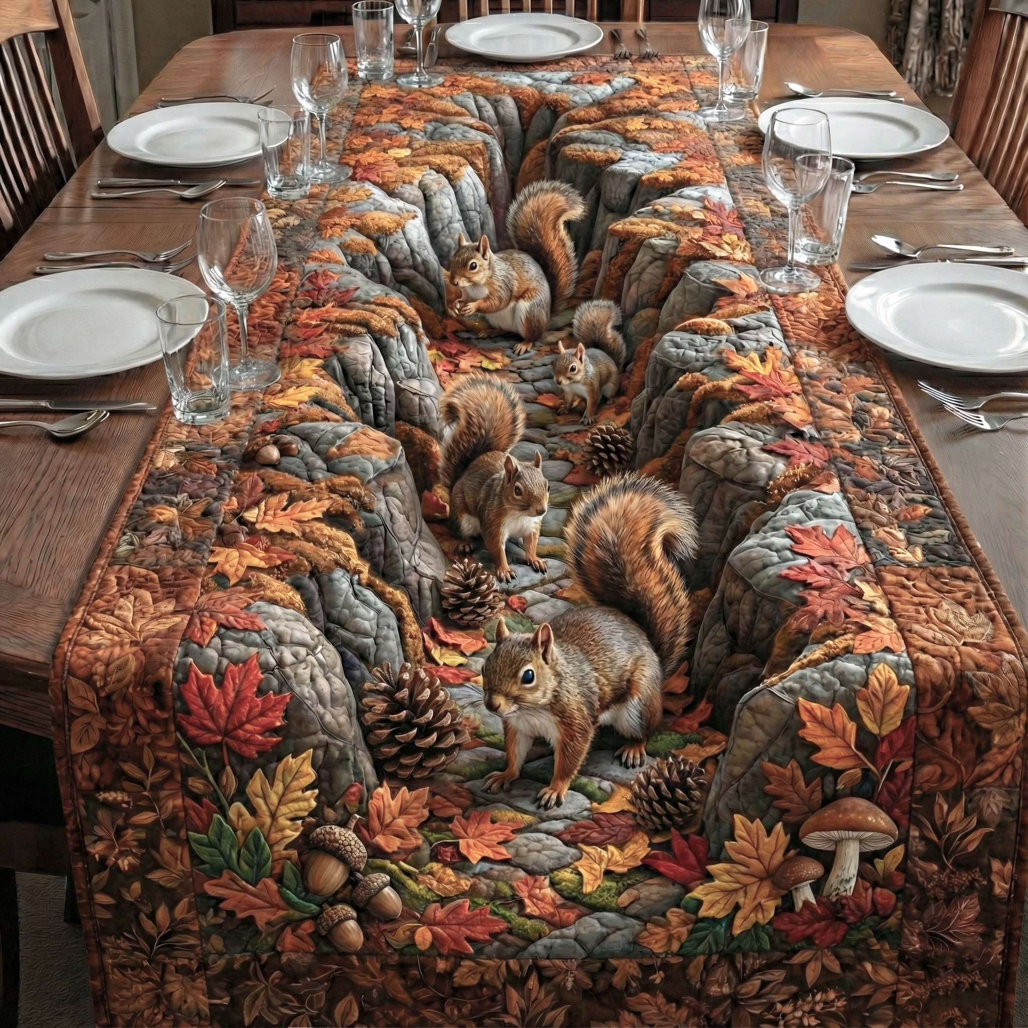 Squirrel Forest Quilted Table Runner GFTONT6258