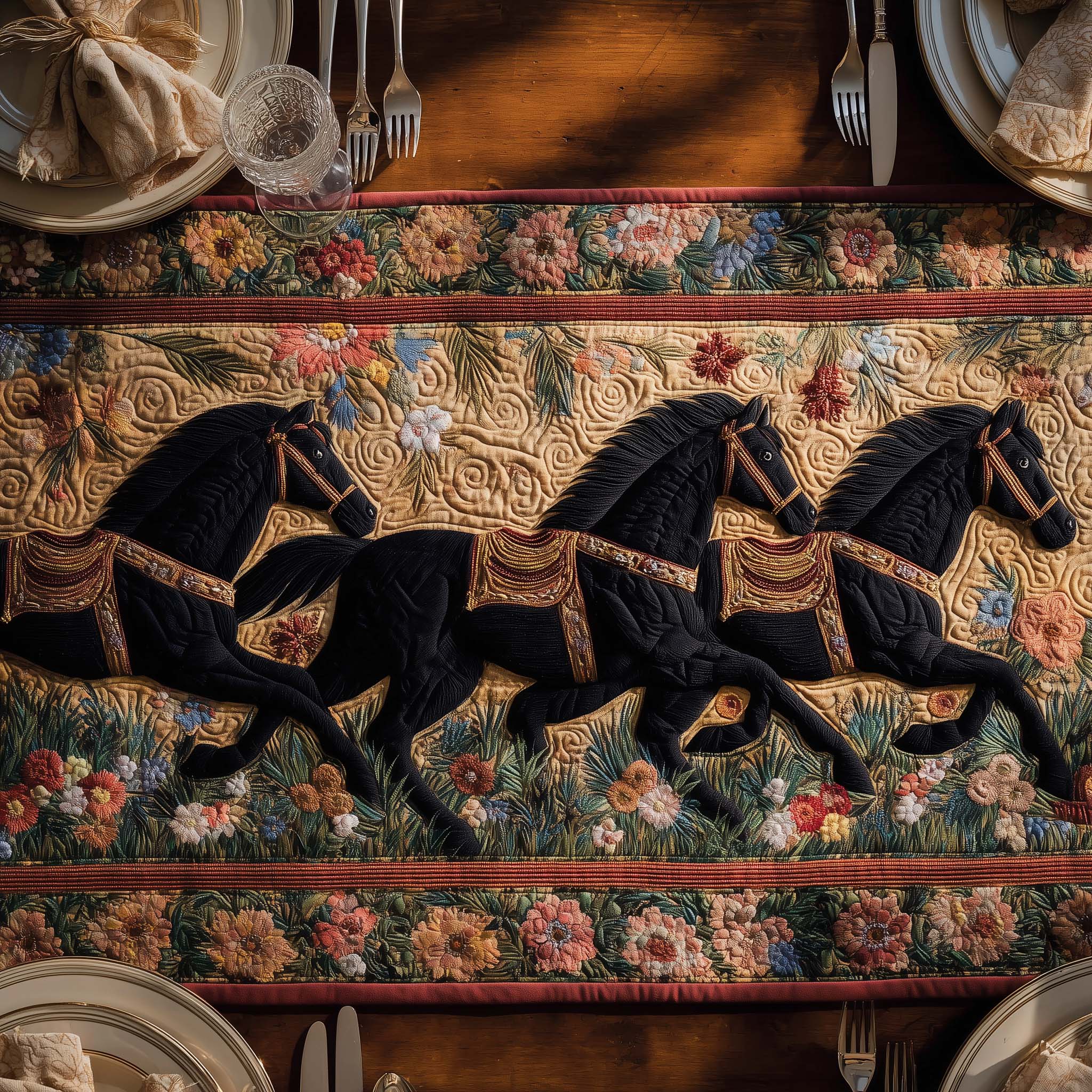 Floral Stallions Quilted Table Runner GFTOQM1585