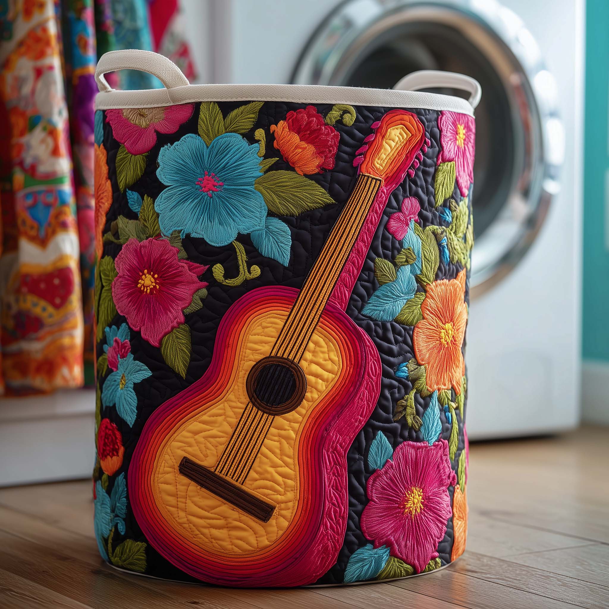 Floral Guitar Quilted Laundry Basket GFTOQM2093