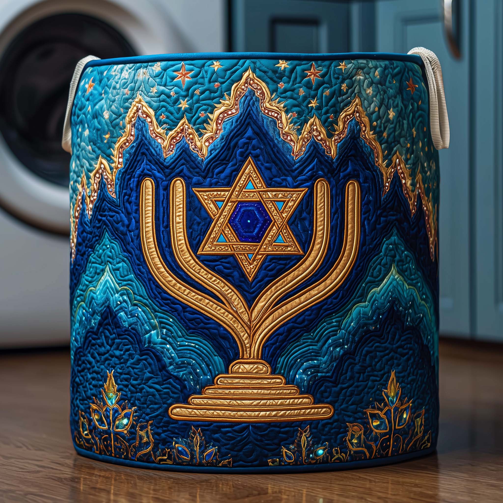 Crowned Menorah Quilted Laundry Basket GFTOQM2366
