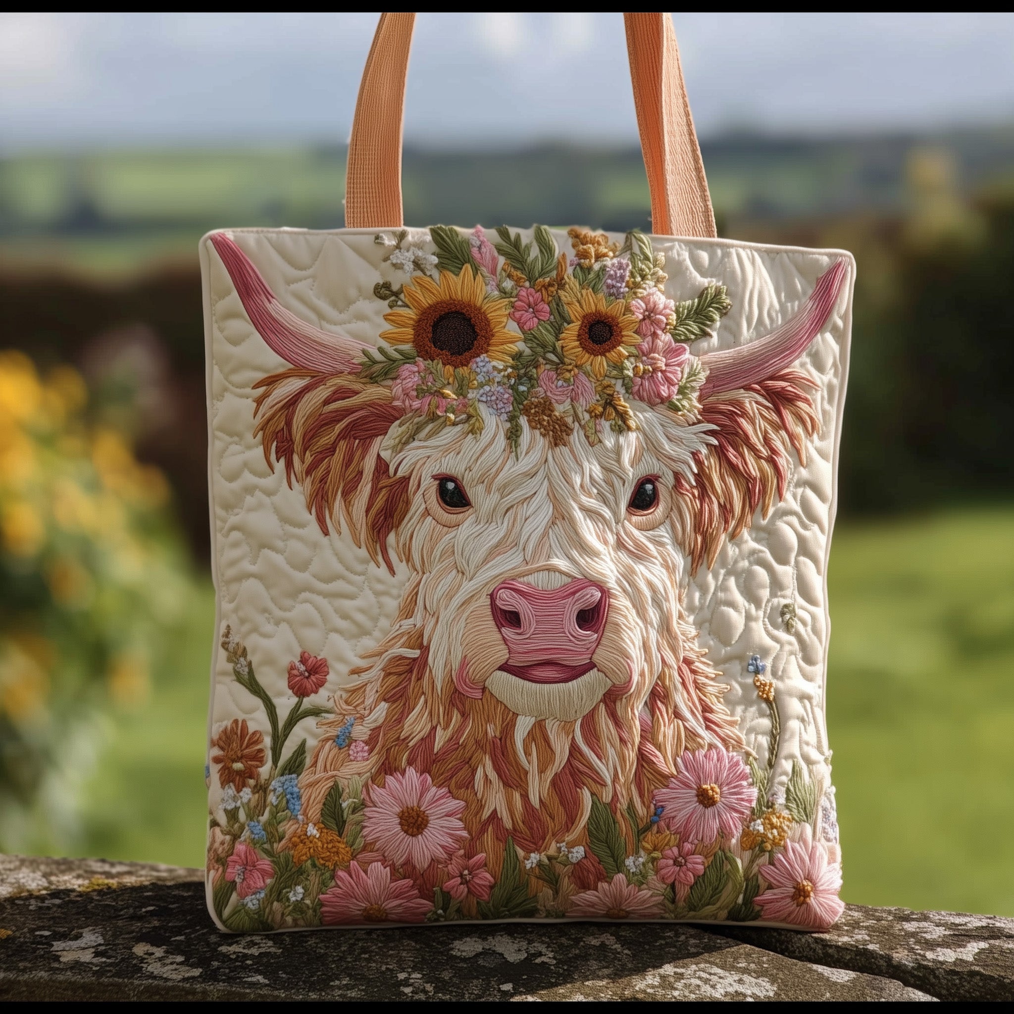 Flower Highland Cow Quilted Tote Bag GFTOTG13