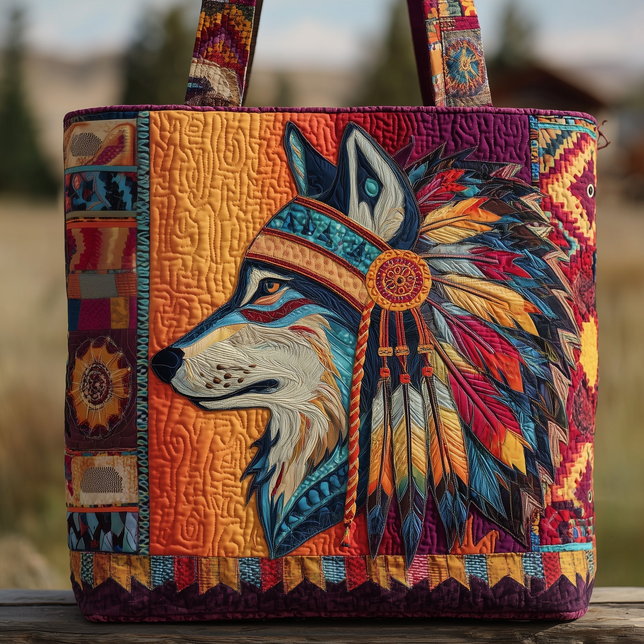 Native Wolf Quilted Tote Bag GFTOTP10083