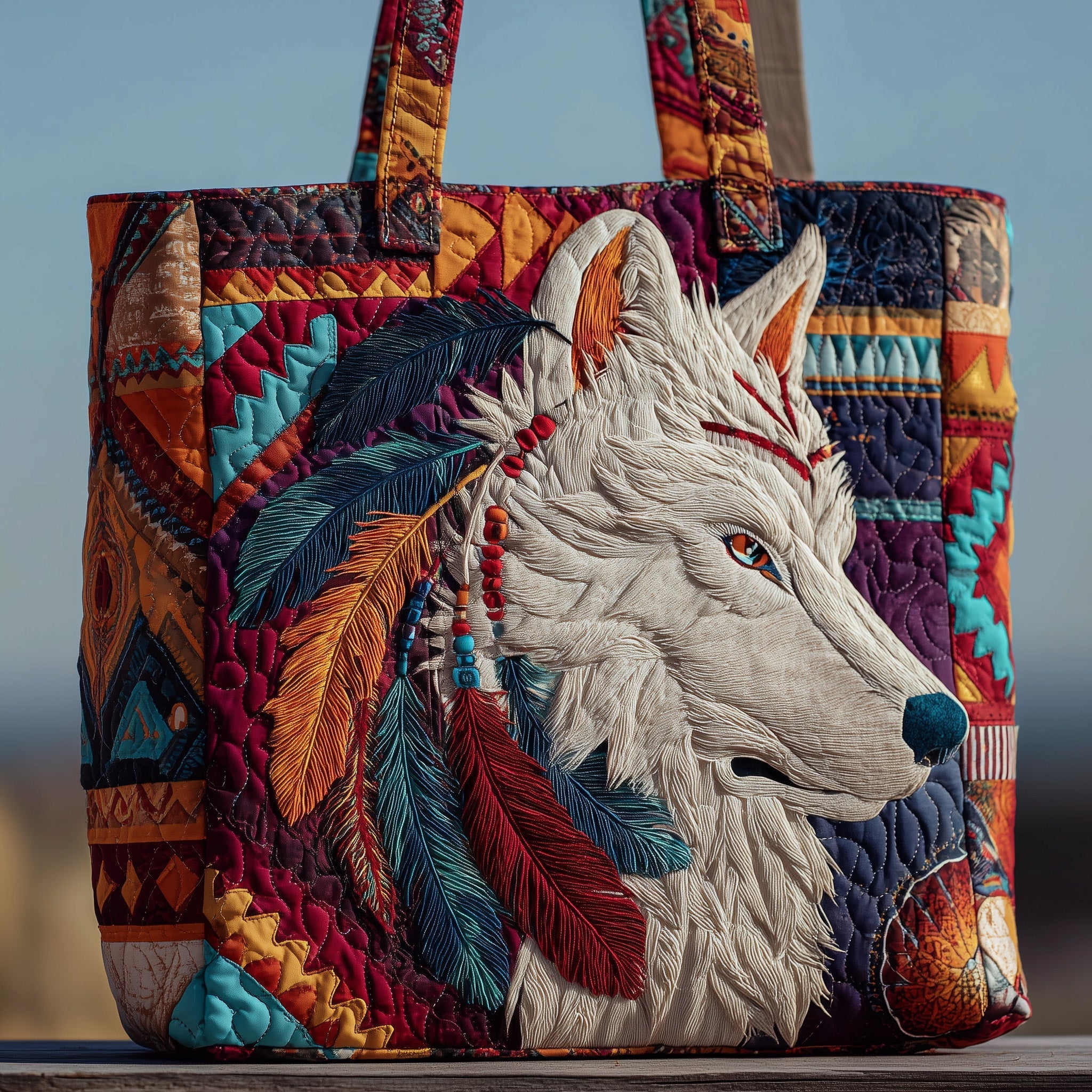 Native Wolf Quilted Tote Bag GFTOTP10084