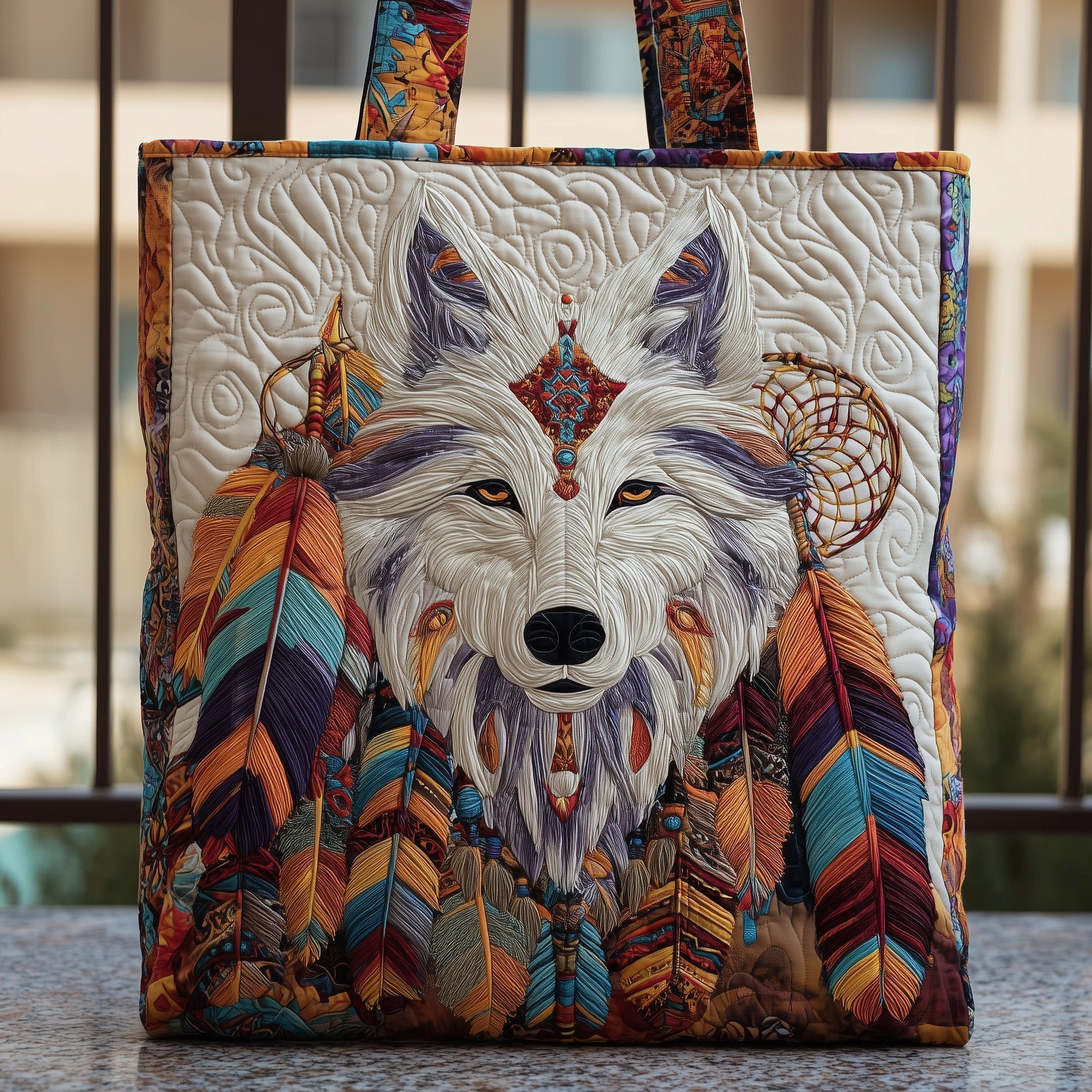 Native Wolf Quilted Tote Bag GFTOTP10086