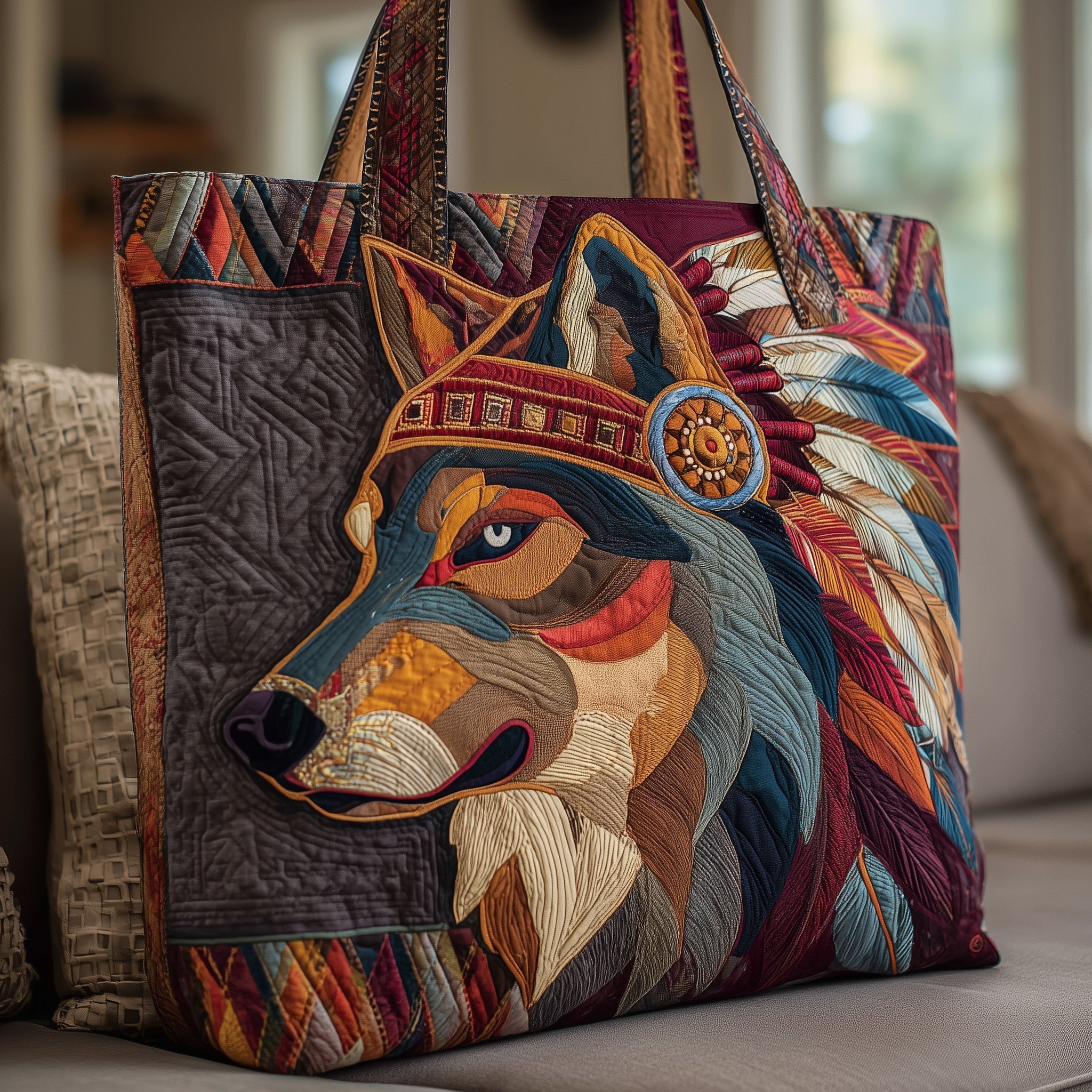 Native Wolf Quilted Tote Bag GFTOTP10089