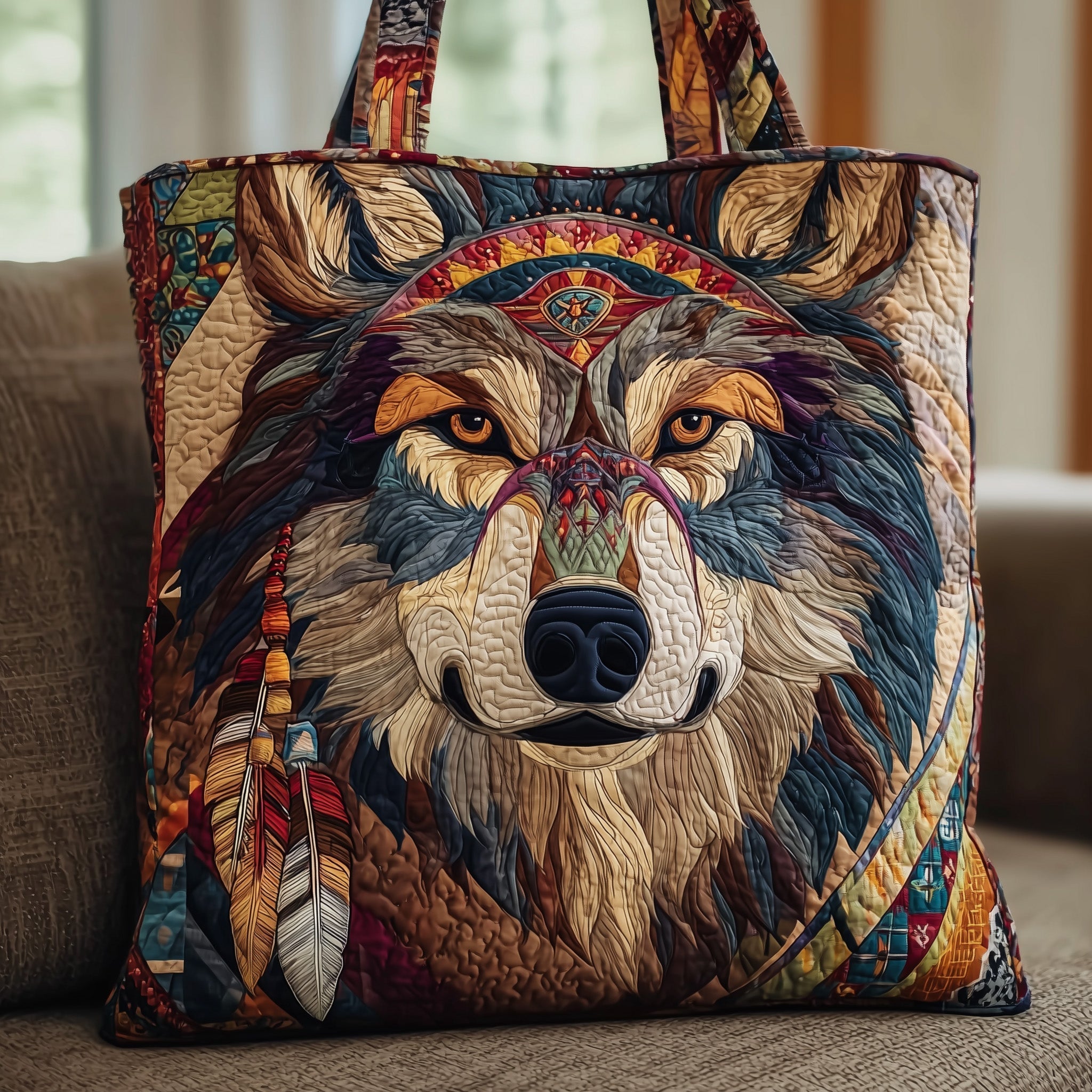 Native Wolf Quilted Tote Bag GFTOTP10091