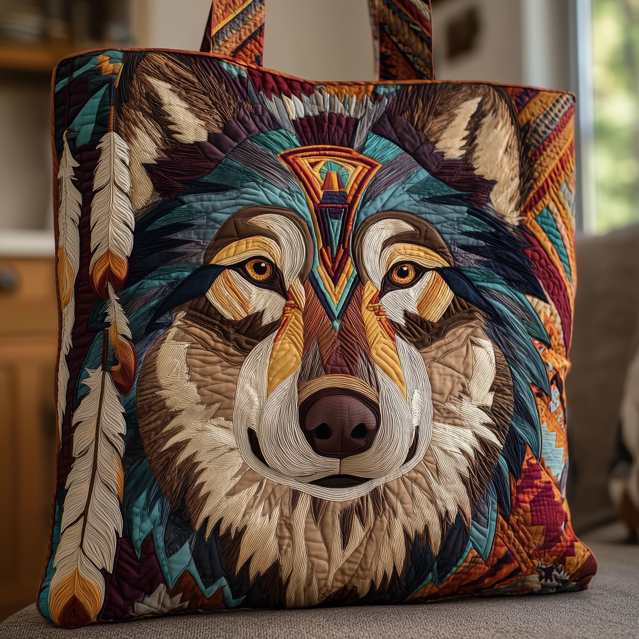 Native Wolf Quilted Tote Bag GFTOTP10092