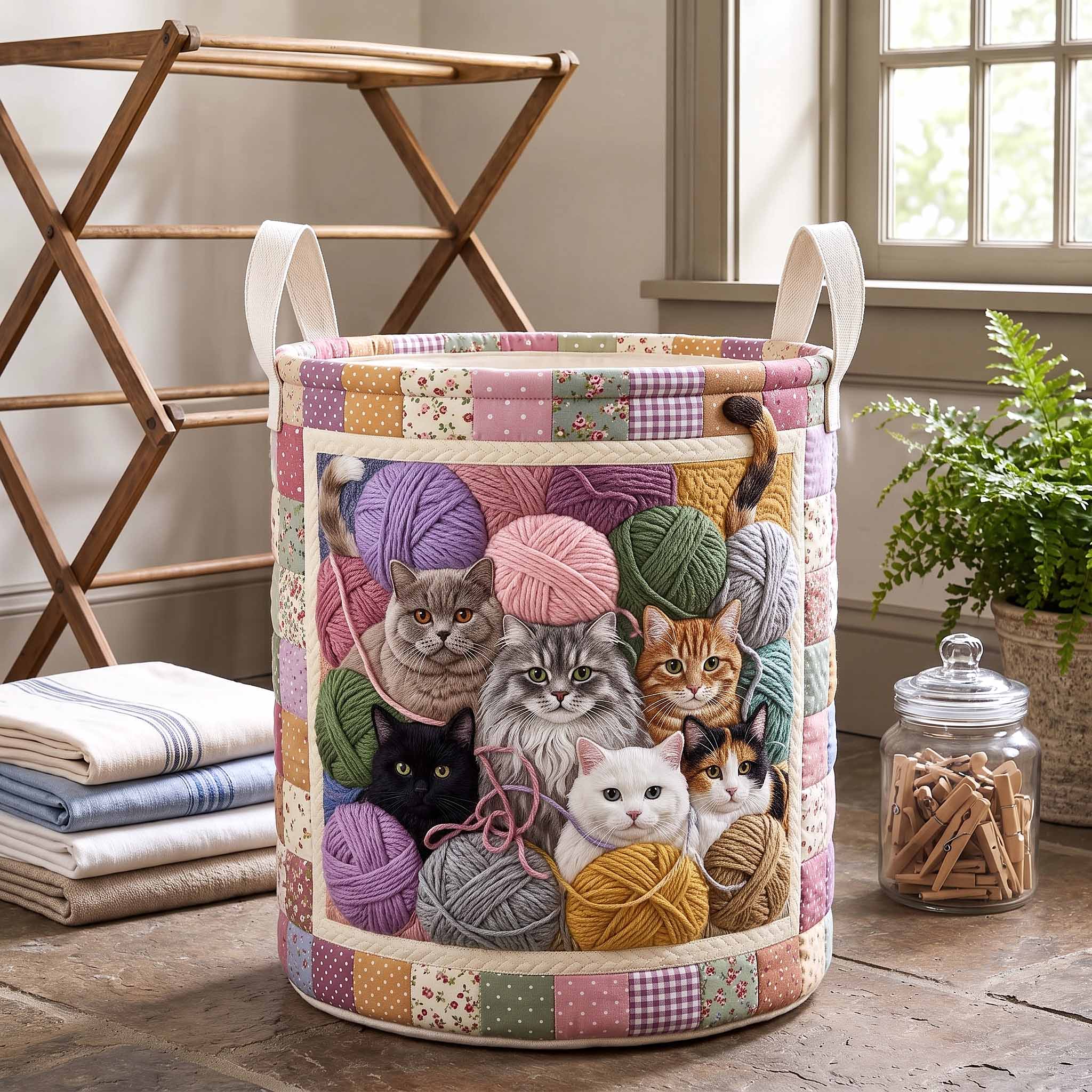 Cottage Whiskers Quilted Laundry Basket GFTOTP20286