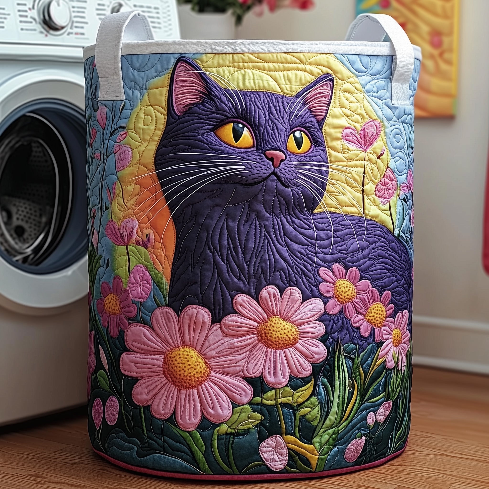 Floral Black Cat Quilted Laundry Basket GFTOXM279