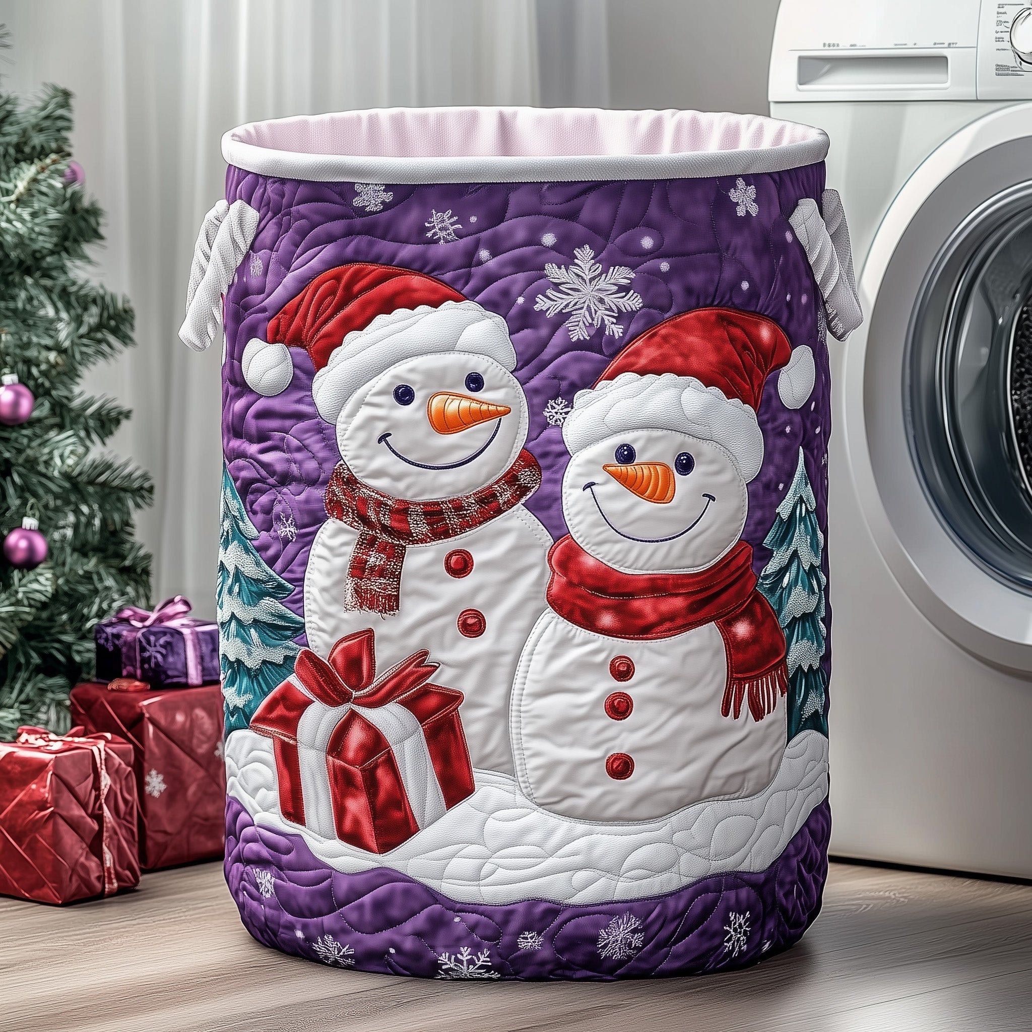 Purple Snowmen Quilted Laundry Basket GFTOXM422