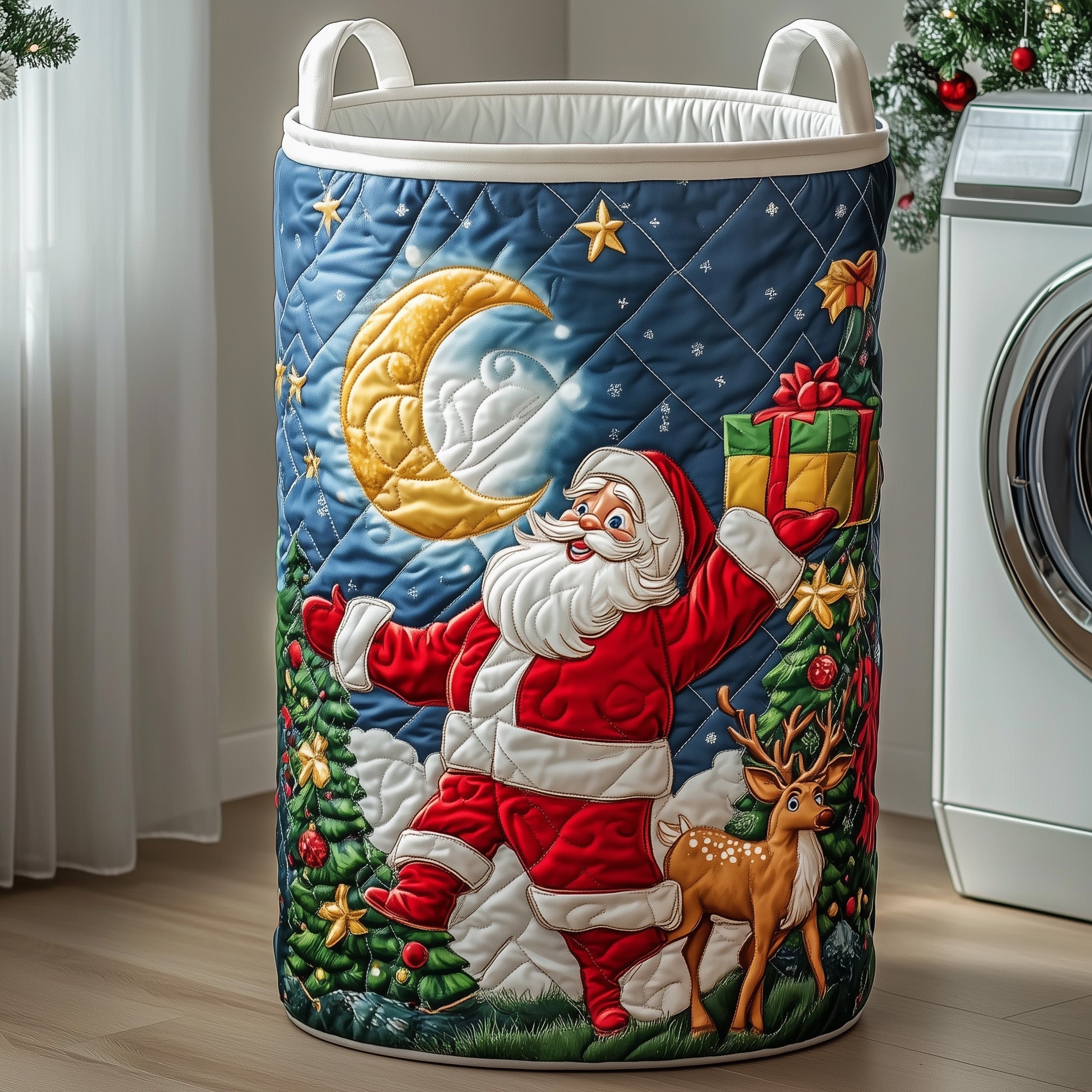 Santa Claus and Reindeer Quilted Laundry Basket GFTOXM423