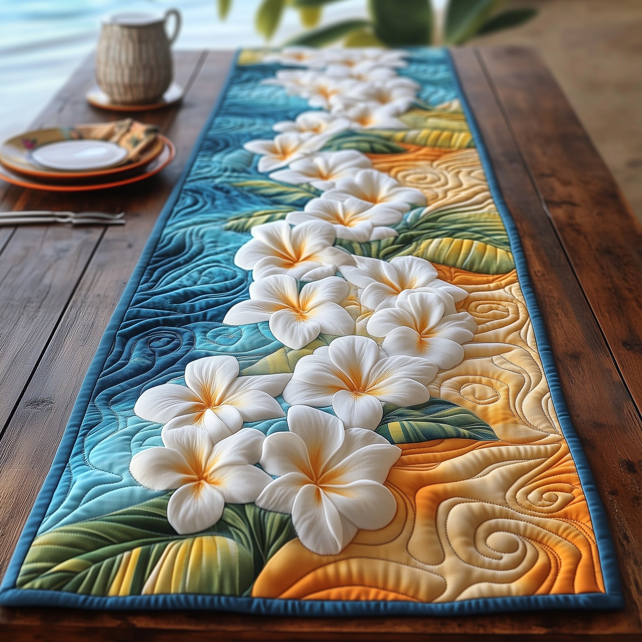 Seashore Plumeria Quilted Table Runner GFTOXM435