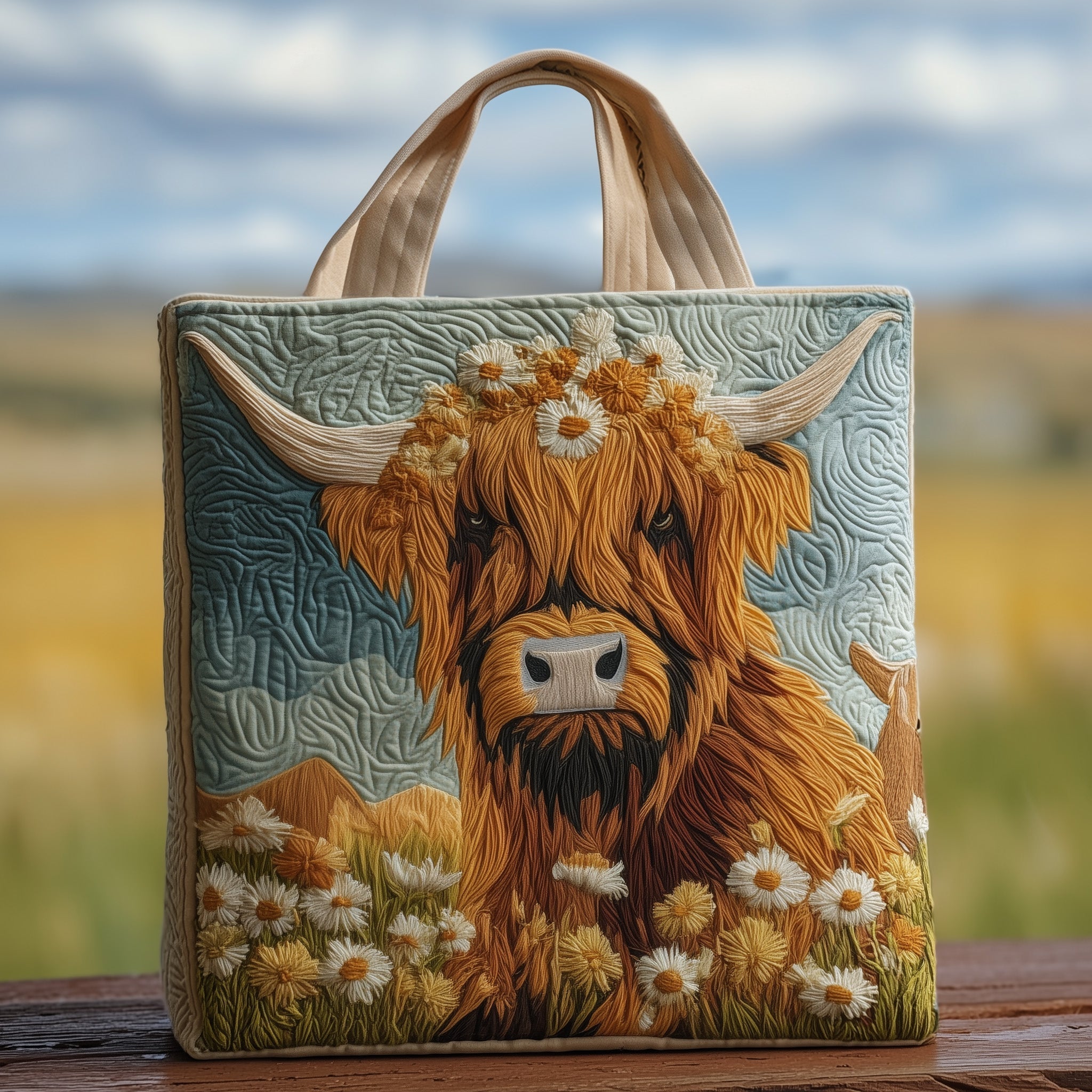 Floral Highland Cow Quilted Tote Bag GFTOXM95