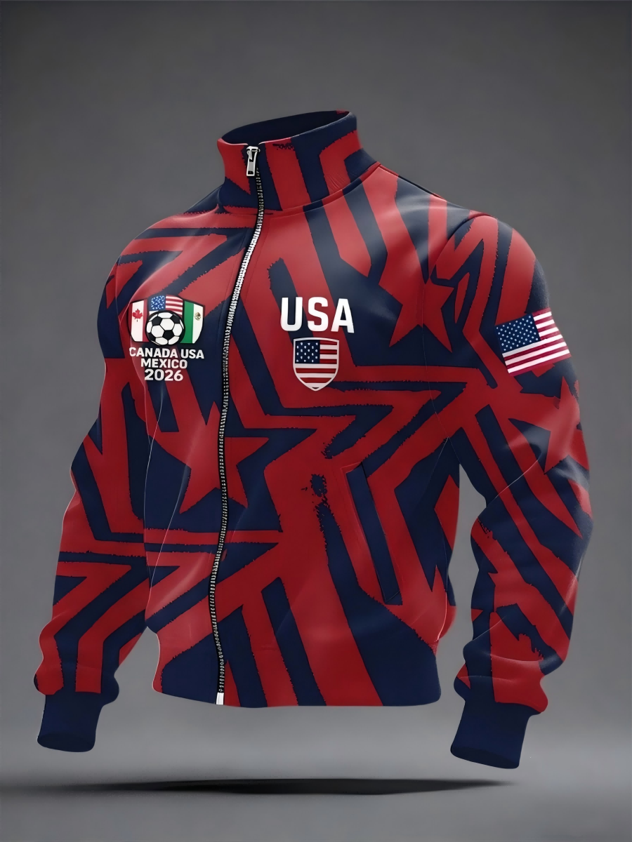Men's USA 2026 World Cup Track Jacket, Full-Zip Soccer Star Pattern Patriotic Casual Jacket