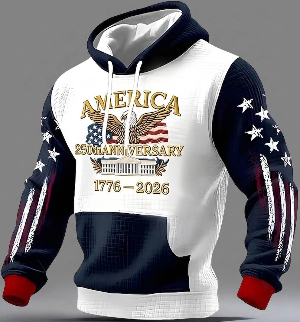 Men's America 250th Anniversary Hoodie, 1776-2026 Patriotic Eagle & Flag Print Long Sleeve Pullover