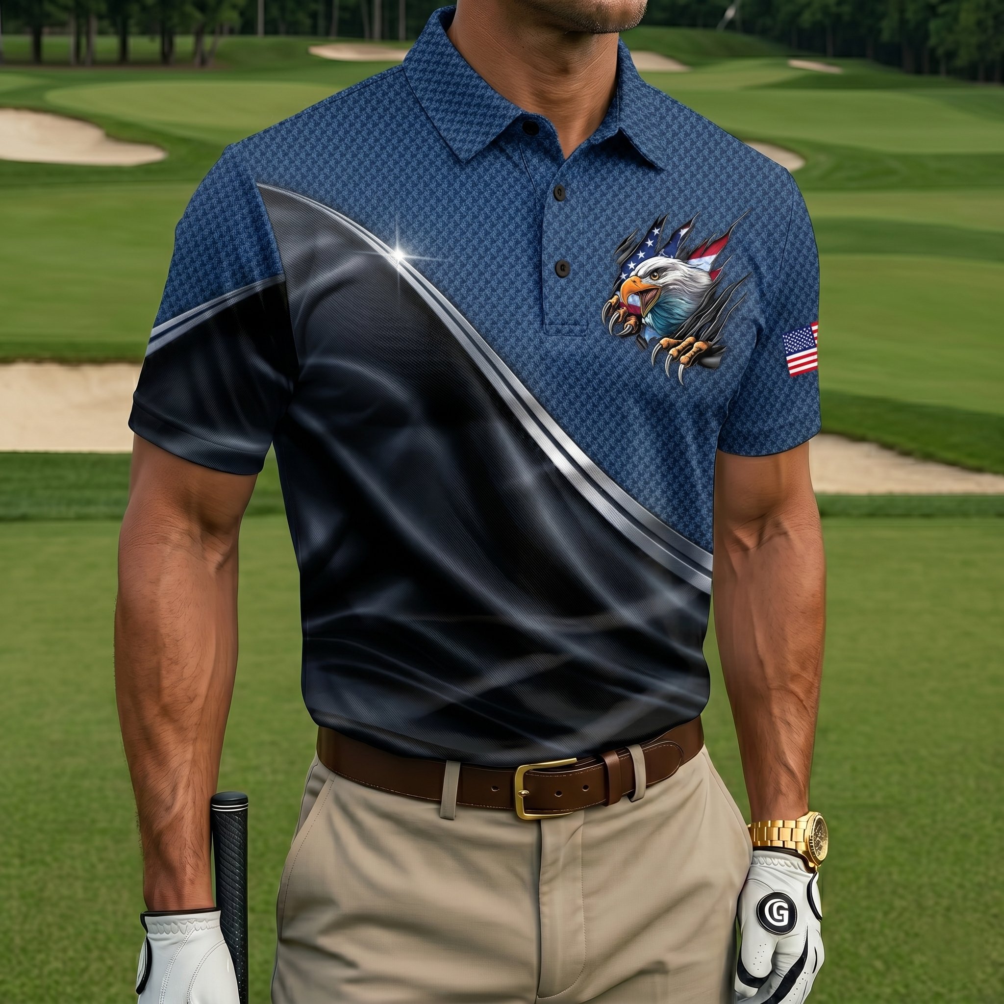 Men’s Patriotic Eagle Breakthrough Golf Polo - Quick-Dry Performance Shirt with American Flag Detail & Textured Fabric