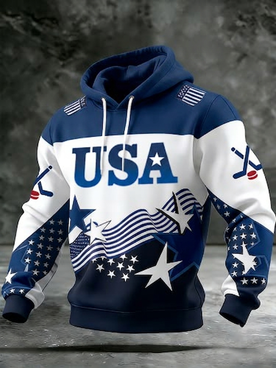 Men's USA Flag & Star Print Hoodie, Patriotic Red White Blue Hockey Graphic Long Sleeve Pullover