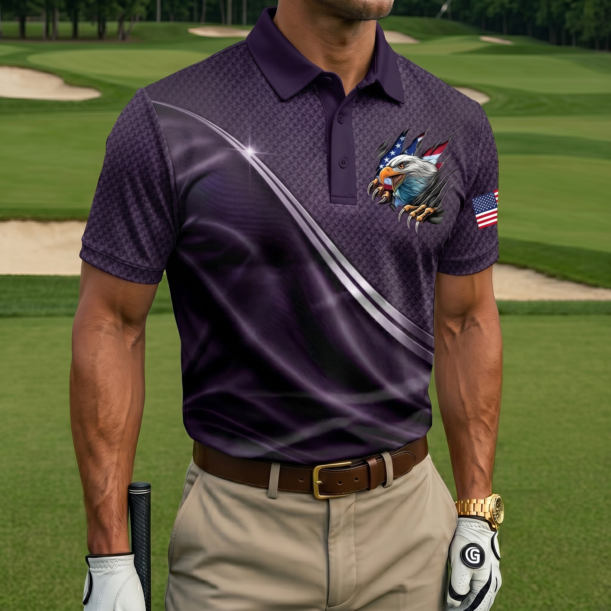 Men’s Patriotic Eagle Breakthrough Golf Polo - Quick-Dry Performance Shirt with American Flag Detail & Textured Fabric