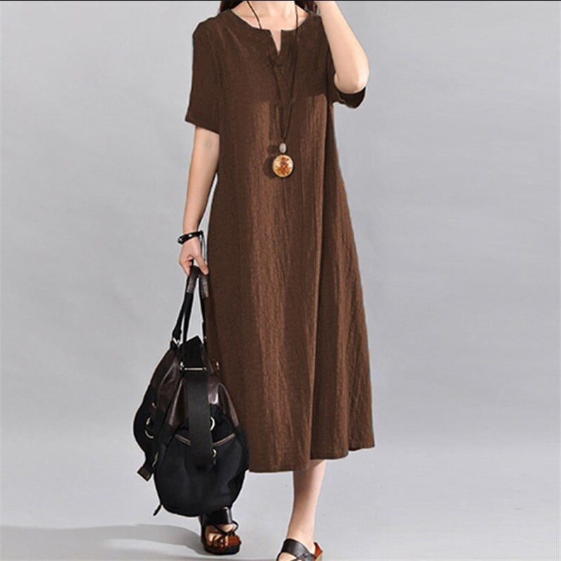 (S-5XL) Loose cotton linen dress in a solid colour