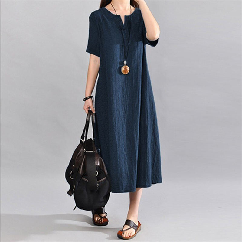(S-5XL) Loose cotton linen dress in a solid colour