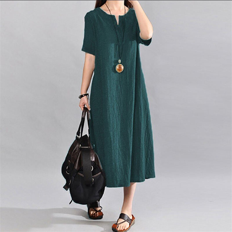 (S-5XL) Loose cotton linen dress in a solid colour