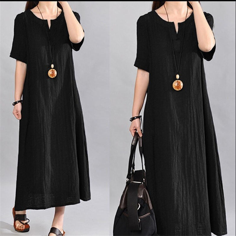 (S-5XL) Loose cotton linen dress in a solid colour