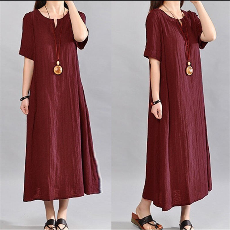 (S-5XL) Loose cotton linen dress in a solid colour